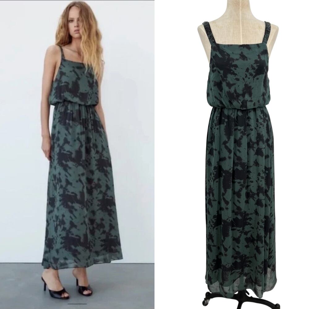 Zara Maxi Dress Tie‎ Dye Printed Chiffon Beaded Straps Green Size Small